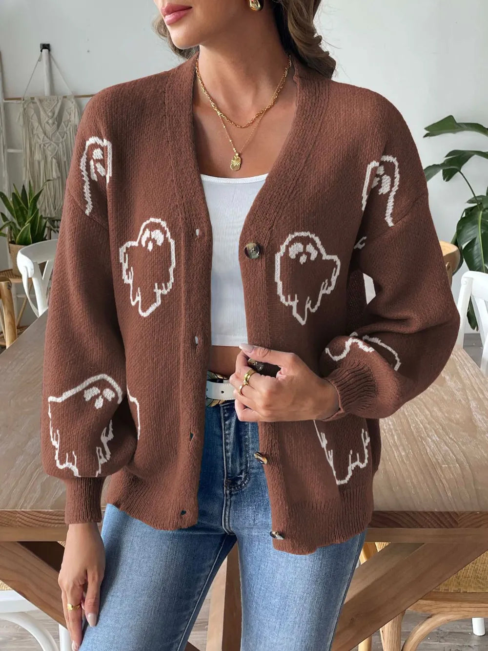 Women's loose casual button sweater cartoon jacquard cardigan for women - V.I.P Digital Presence