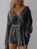Women's new shirt collar fashionable women's elastic waist pleated long sleeved lace up dress - V.I.P Digital Presence