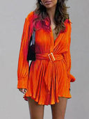 Women's new shirt collar fashionable women's elastic waist pleated long sleeved lace up dress - V.I.P Digital Presence