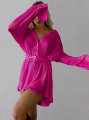 Women's new shirt collar fashionable women's elastic waist pleated long sleeved lace up dress - V.I.P Digital Presence