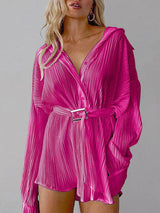 Women's new shirt collar fashionable women's elastic waist pleated long sleeved lace up dress - V.I.P Digital Presence