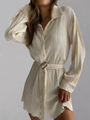 Women's new shirt collar fashionable women's elastic waist pleated long sleeved lace up dress - V.I.P Digital Presence