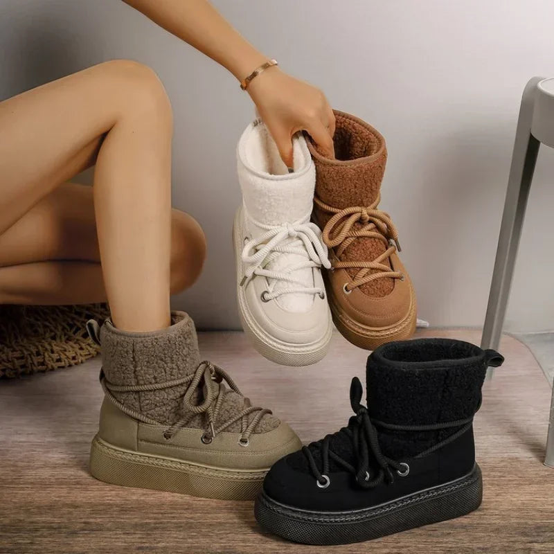 Women's Thick-soled Cross-strap Snow Boots Women Winter Round Toe Flock Plush Warm Mid Heel Water Proof Casual Warm Snow Boots - V.I.P Digital Presence