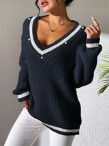 Women's Top Color Contrast Splicing V-neck Long Sleeve Sweater - V.I.P Digital Presence