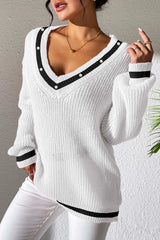 Women's Top Color Contrast Splicing V-neck Long Sleeve Sweater - V.I.P Digital Presence