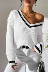 Women's Top Color Contrast Splicing V-neck Long Sleeve Sweater - V.I.P Digital Presence