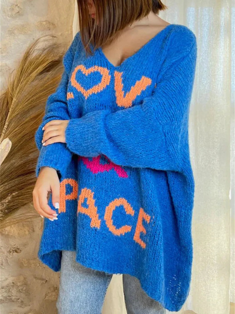 Women's V-neck letter loose and lazy knitted sweater - V.I.P Digital Presence