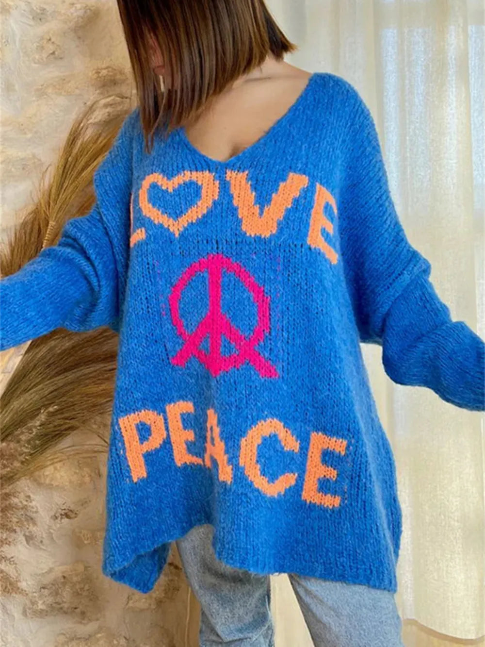 Women's V-neck letter loose and lazy knitted sweater - V.I.P Digital Presence