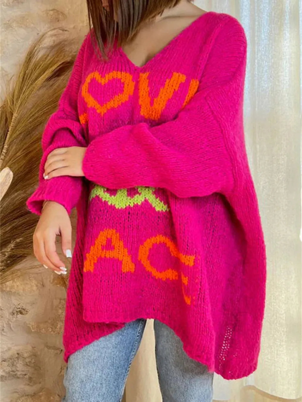 Women's V-neck letter loose and lazy knitted sweater - V.I.P Digital Presence