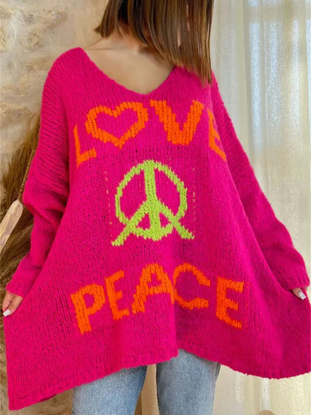 Women's V-neck letter loose and lazy knitted sweater - V.I.P Digital Presence