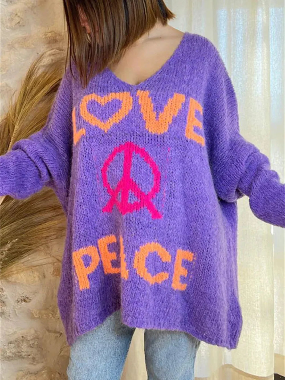 Women's V-neck letter loose and lazy knitted sweater - V.I.P Digital Presence