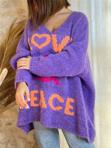 Women's V-neck letter loose and lazy knitted sweater - V.I.P Digital Presence