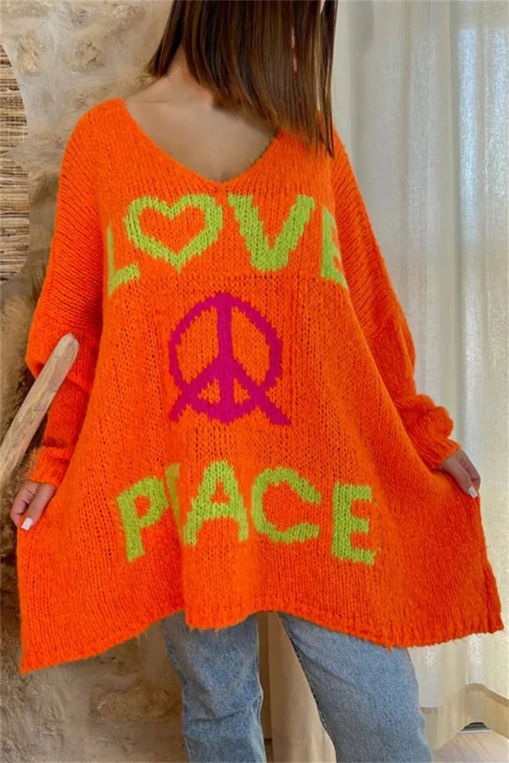 Women's V-neck letter loose and lazy knitted sweater - V.I.P Digital Presence
