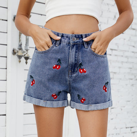 Women's versatile cherry embroidered denim shorts and hot pants - V.I.P Digital Presence