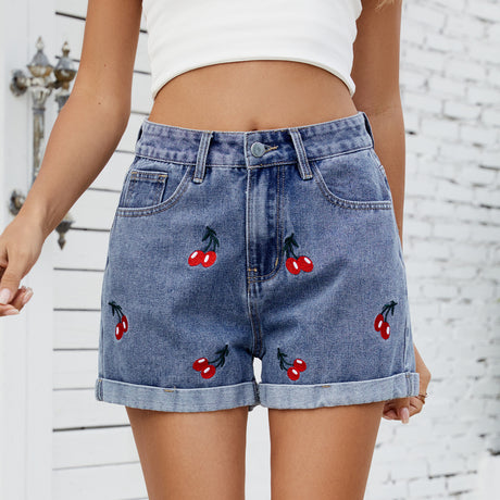 Women's versatile cherry embroidered denim shorts and hot pants - V.I.P Digital Presence